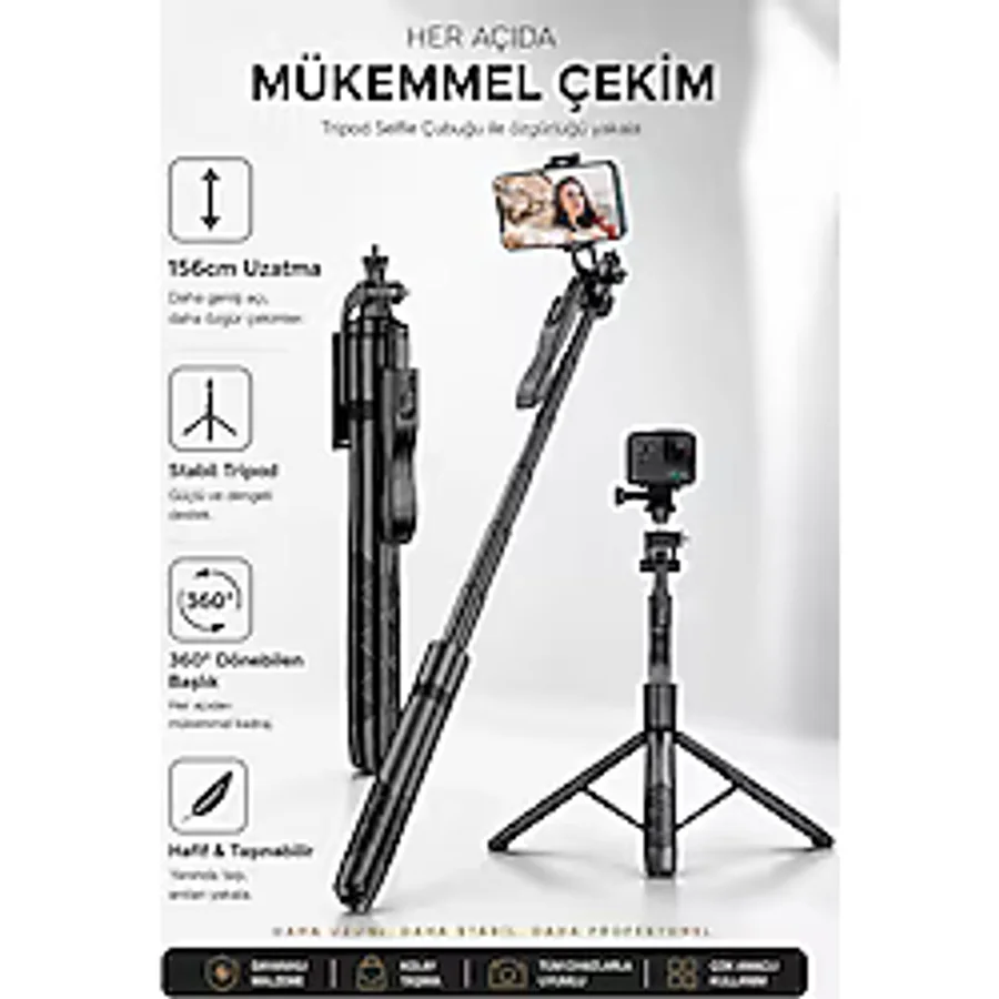 Asfal Uzaktan Kumandalı 156 Cm Alüminyum Tripod Ve Selfie Çubuğu Telefon, Kamera, Işık Ve Gopro Uyumlu