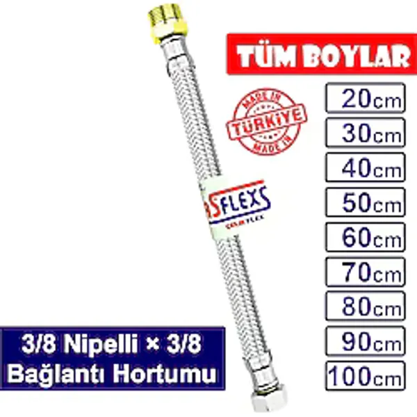 Asflexs 3/8 Nipellix3/8 Paslanmaz Çelik Flex Hortum Bağlantı Hortumu