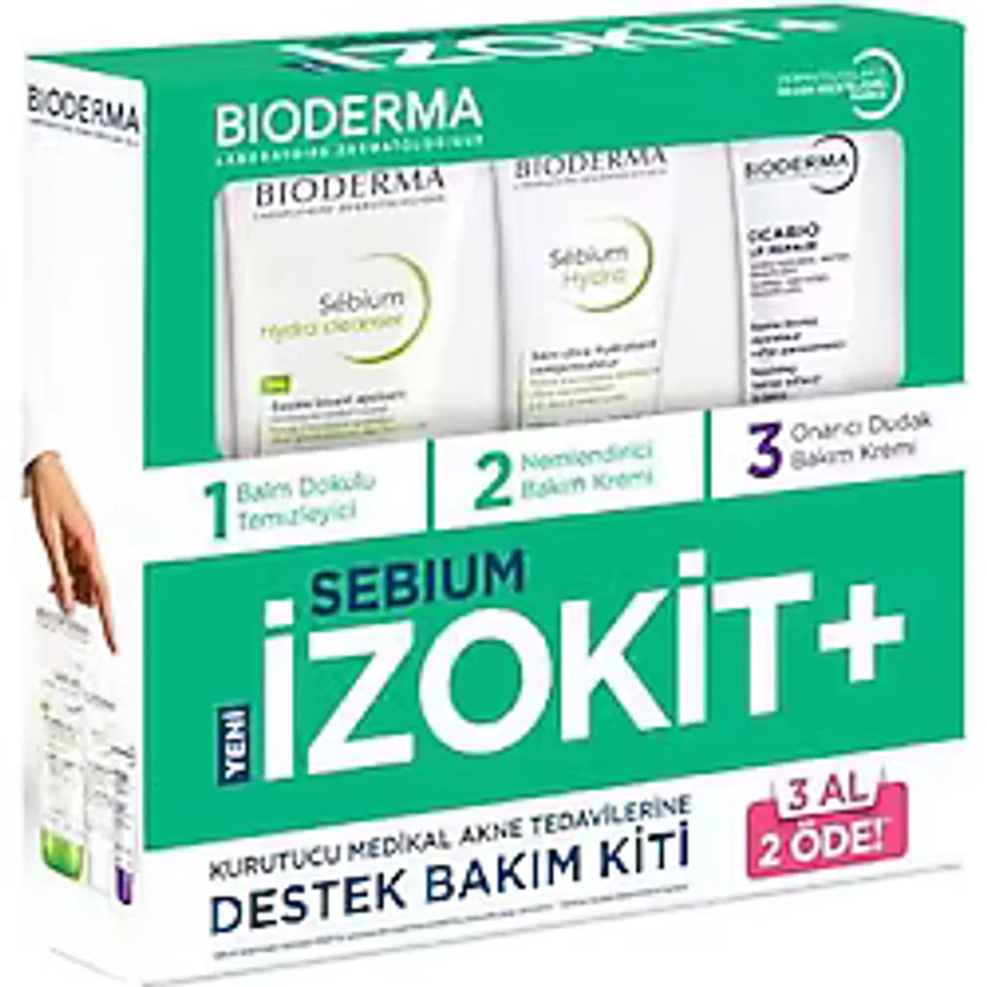 Asfstore Bioderma Sebium Izokit Set - Sebium Hydra Cleanser 200 ml + Sebium Hydra 40 ml + Cicabio Lip Repair 10 ml