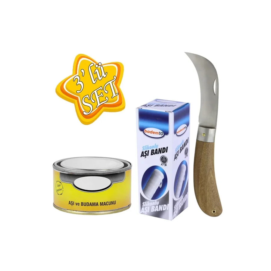 Aşı Bıçağı Eğri Uçlu Bağ Bıçağı Çakısı Paslanmaz Çelik + Aşı Bandı + Aşı Macunu (3'LÜ SET)