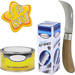 Aşı Bıçağı Eğri Uçlu Bağ Bıçağı Çakısı Paslanmaz Çelik + Aşı Bandı + Aşı Macunu (3'LÜ SET)