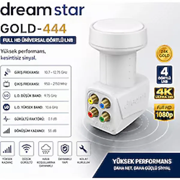 AŞIK STORE Dreamstar Gold-444 Universal Dörtlü LNB 0.1 dB 4 Çıkışlı Full HD 4K UHD Uydu Anteni LNB 55 dB Yüksek Kazanç Düşük Gürültülü