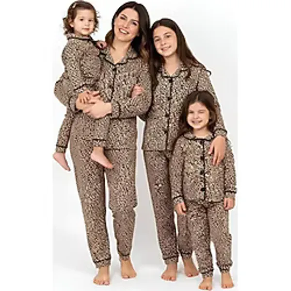 Asil Anne ve Kız Çocuk Ve Bebek Leopar Desenli Boydan Düğmeli Pijama Takımı