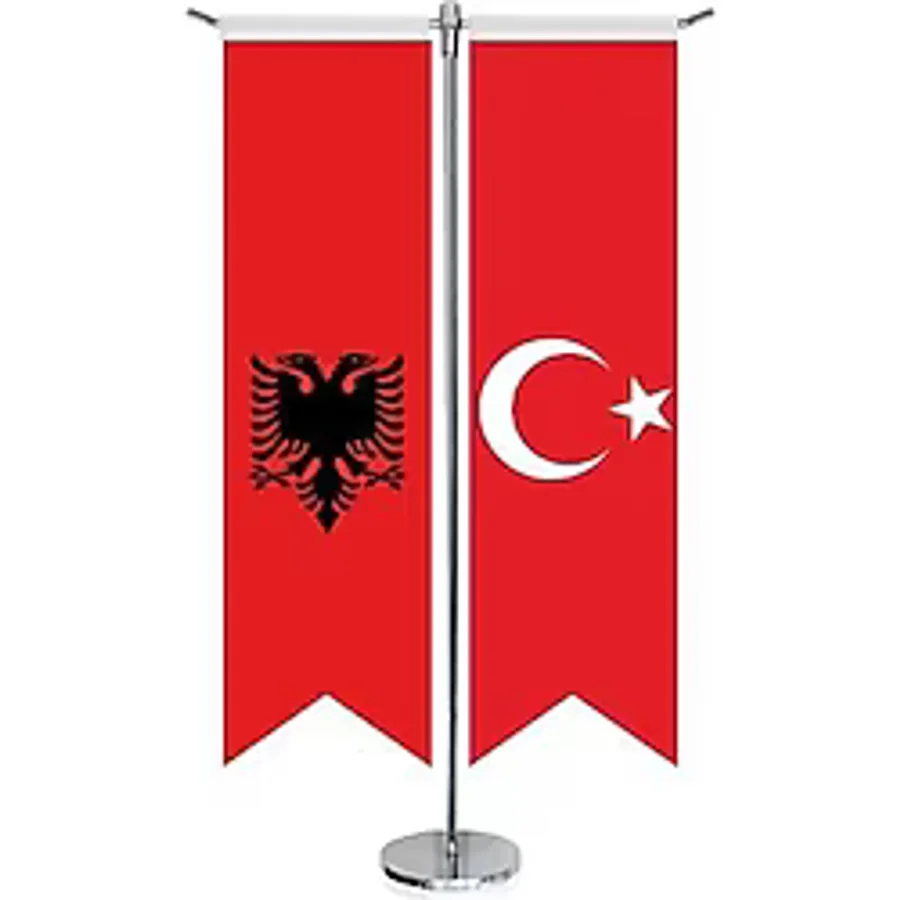 Asilmeydan Arnavutluk Bayrağı -Çift Başlı Kartal ve Türkiye -Saten T Direk 2li Masa Bayrağı - Renkli