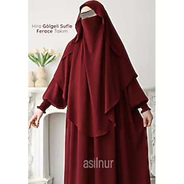 ASİLNUR Hira Gölgeli Sufle Ferace Takım Bordo