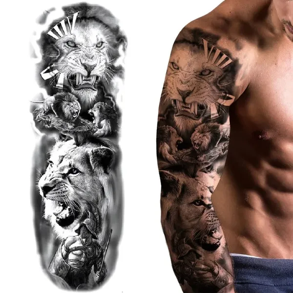 Aslan Kral ve Gladyatör Temalı Tam Kol Geçici Dövme - Büyük Boy Tattoo