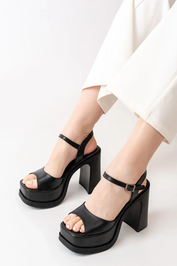 asmi shoes Kadın Tek Bantlı (12cm) Platformlu Topuklu Ayakkabı siyah