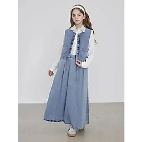 Asortix Kız Çocuk Denim Kumaş 3'lü Takım Kot Ceket Eetek Gömlek Tesettür SET-AÜT-0007 - 10 - 11 Yaş - Mavi