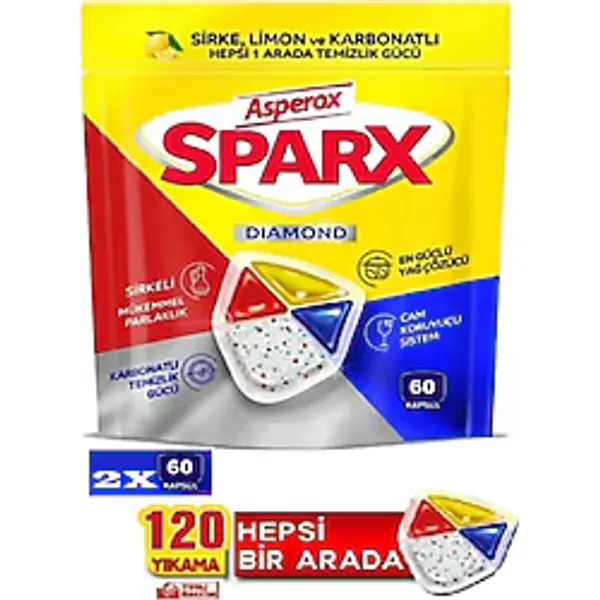 Asperox Sparx Bulaşık Makinesi Kapsülü 120 Yıkama Sirke Limon Karbonat İçerikli Güçlü Yağ Çözücü