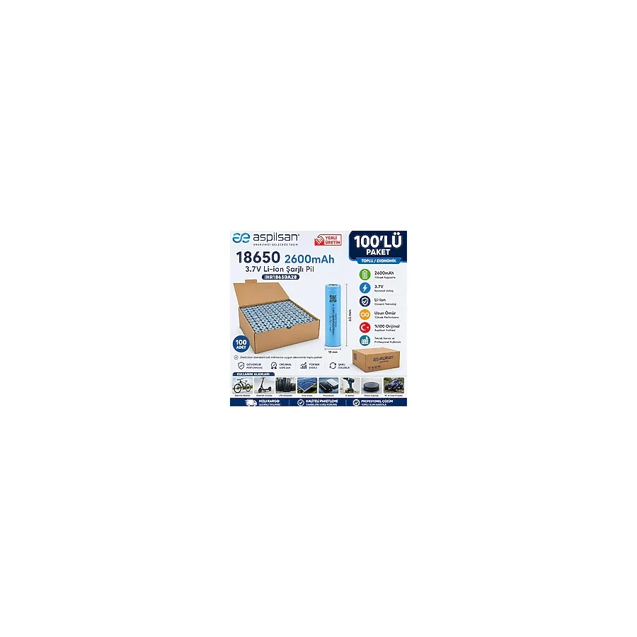 Aspilsan 18650 2600MAH 3.7V Li-Ion Şarjlı Pil 100'LÜ Paket INR18650A28 Orijinal Lityum Iyon Hücre Teknik Servis ve Toplu Kullanım İçin - Mavi - 1 Adet