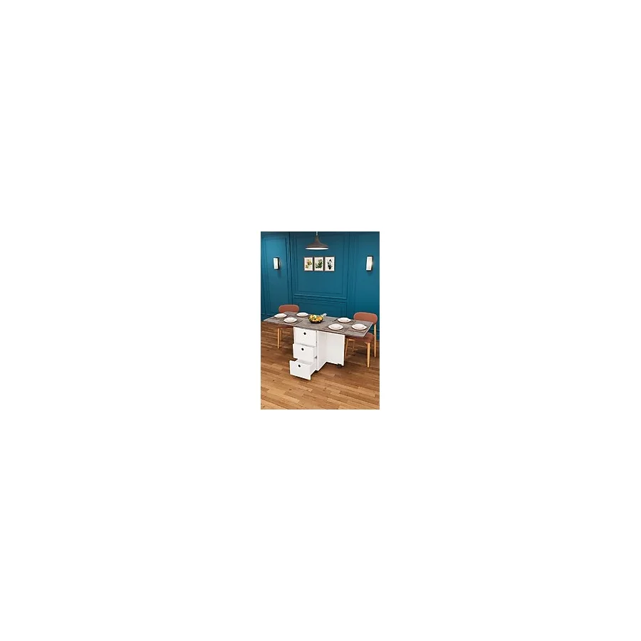Asra Trend KM-01 %100 MDF 168x70 cm Katlanır Akıllı Mutfak Masası 3 Çekmeceli Tekerlekli Servis Masası Beyaz Retro Gri