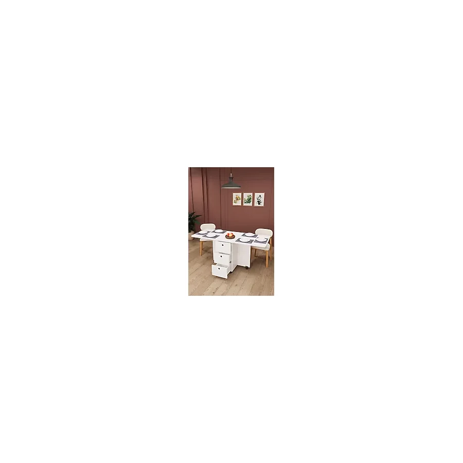 Asra Trend KM-100 %100 MDF 168x70 cm Katlanır Akıllı Mutfak Masası 3 Çekmeceli Tekerlekli Servis Masası Beyaz