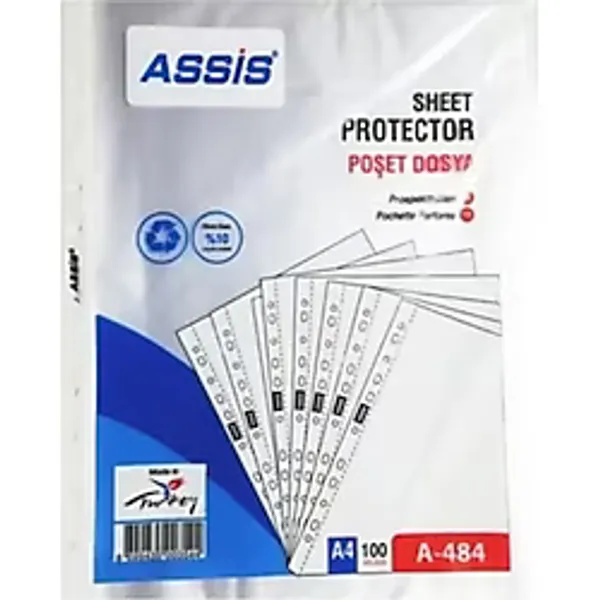 Assis A-484 A4 11 Delikli Şeffaf Poşet Dosya - 10 Paket (1.000 Adet - 1 Kutu)