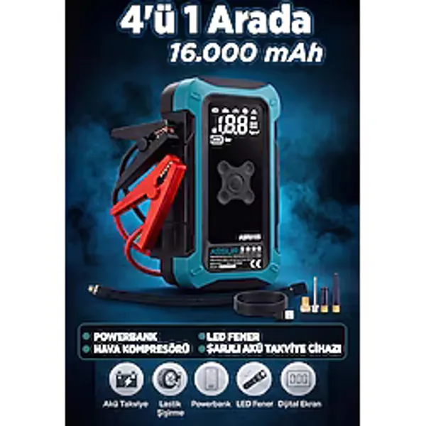 ASSUR 4'ü 1 Arada Dijital Göstergeli Powerbank Led Fener Hava Kompresörü Şarjlı Akü Takviye Cihazı
