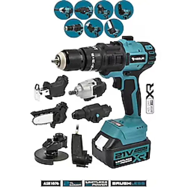 Assur 7 Başlıklı Set Taşlama Somun Sıkma Tilki Kuyruğu Dal Budama Akülü Vidalama Hava Pompası Hilti Mavi