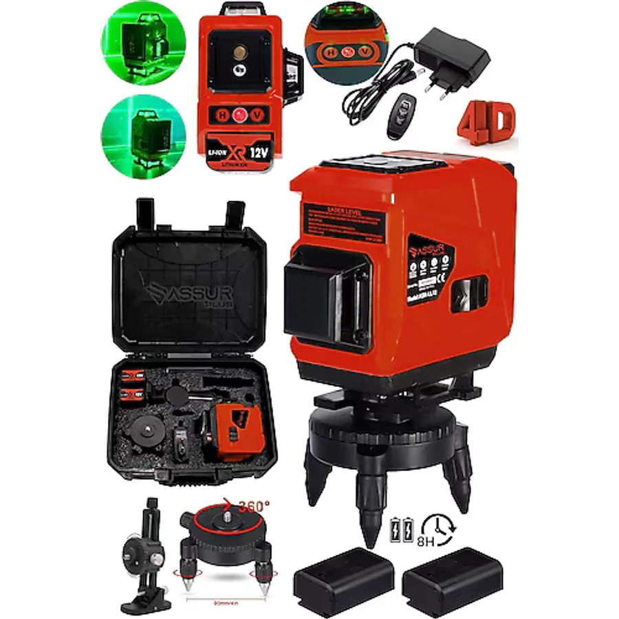 Assur Plus 360° 12 Köşe Otomatik Hizalamalı Lazer Metre Hizalama Yeşil Çizgili Lazer Hizalama Su Terazili