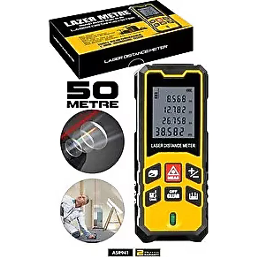 Assur Profesyonel Lazer Terazili Dijital Mesafe Ölçer 50 Metre Ölçüm Cihazı Sarı