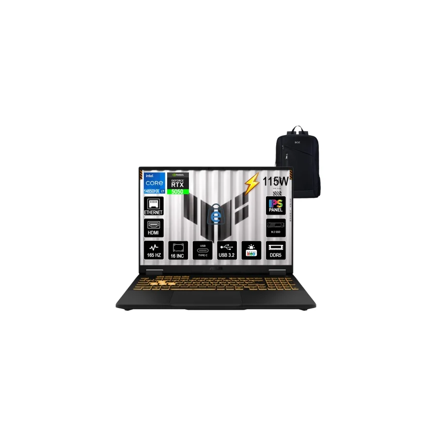 Asus TUF Gaming F16 FX608JHR-RV048 i7-14650HX 16 GB 512 GB SSD RTX5050 16" WUXGA Gaming Laptop
