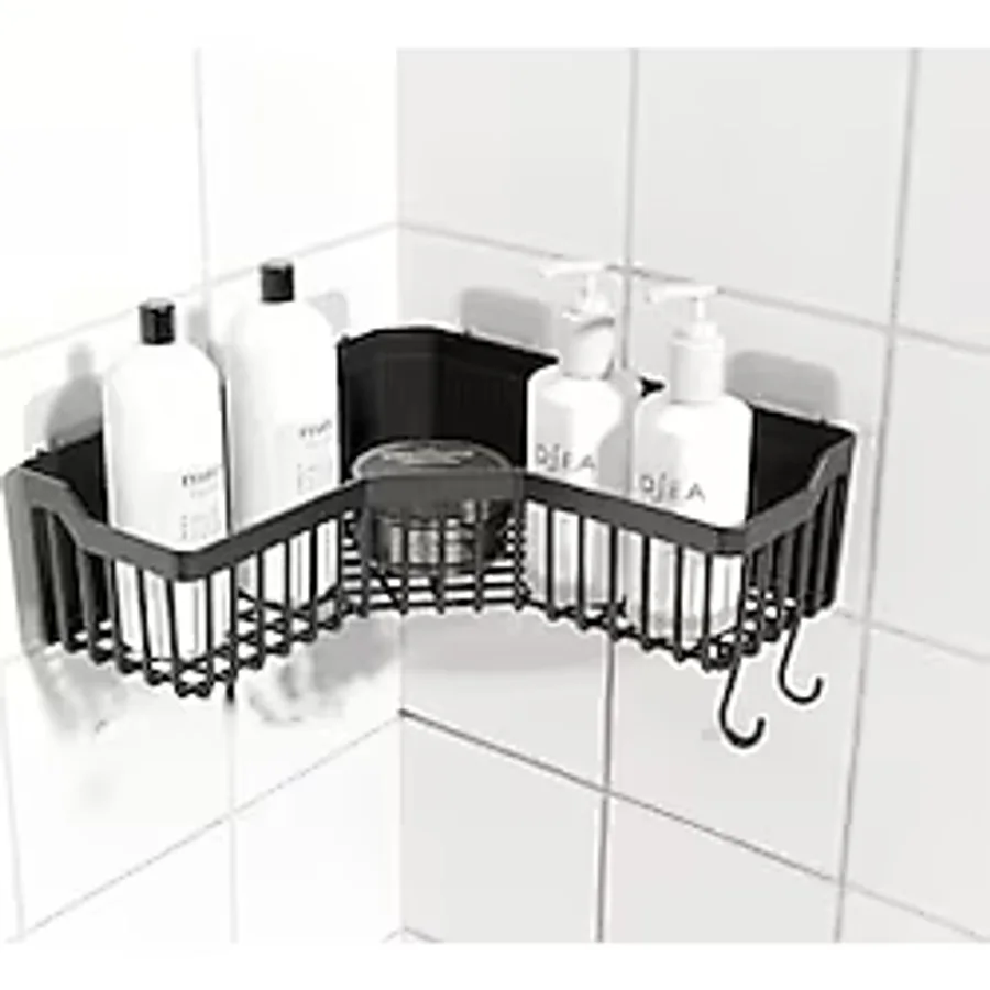 ATA HOME Banyor Köşe Yapışkanlı Banyo Rafı, Köşe Banyo Düzenleyici, Duş Rafı Organizer Şampuanlık, Plastik Siyah