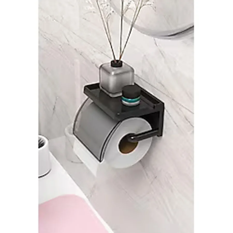 ATA HOME Yapışkanlı Kapaklı Tuvalet Kağıdı Askısı Banyo Tuvalet Kağıtlığı Aparatı Peçetelik Organizer Plastik, Siyah