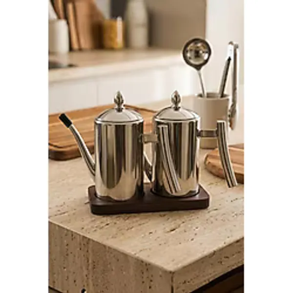 Atbyhome 2'Li Çelik 3 Parça 500ml Standlı Çok Amaçlı Demlik Yağlık Yağdanlık Seti