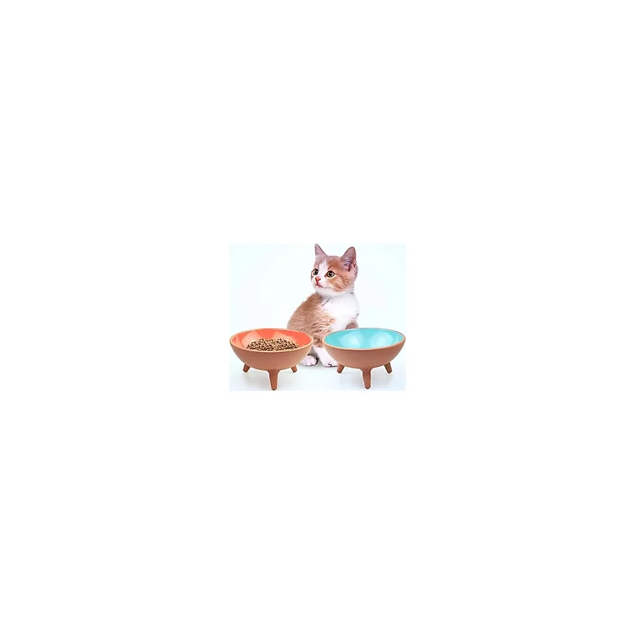 Athstore Ayaklı Kase Kedi Köpek Mama Su Kabı Ayaklı Sırlı 2'li mavi-turuncu
