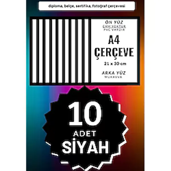 Atlas Sanat Galerisi 10 Adet A4 Çerçeve Diploma Belge Sertifika Fotoğraf Resim Çerçevesi Pvc 10Lu Siyah