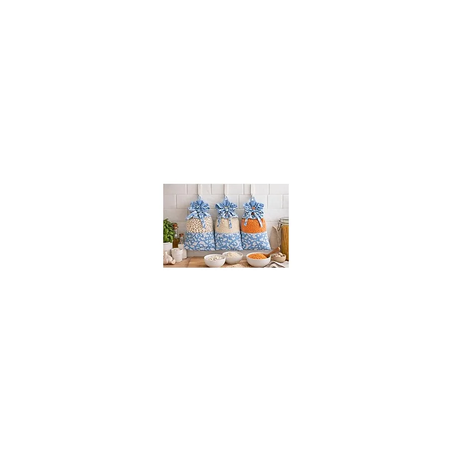 Atölye Zuzu mavi desenli pamuklu erzak kesesi - 3lü set dekoratif bakliyat torbası (1kg lık) - Mavi - Beyaz - Standart