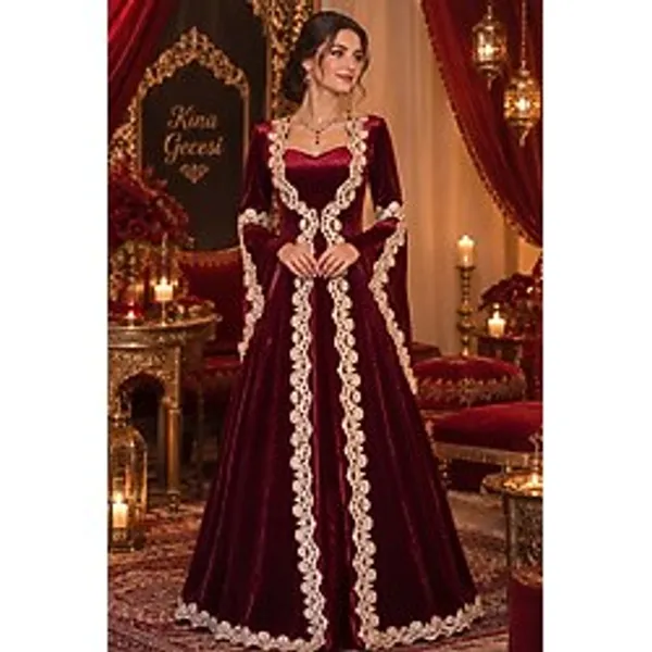 atölyekaftanbutik Bordo gold kuyruklu kadife kaftan bindallı 36 38 beden