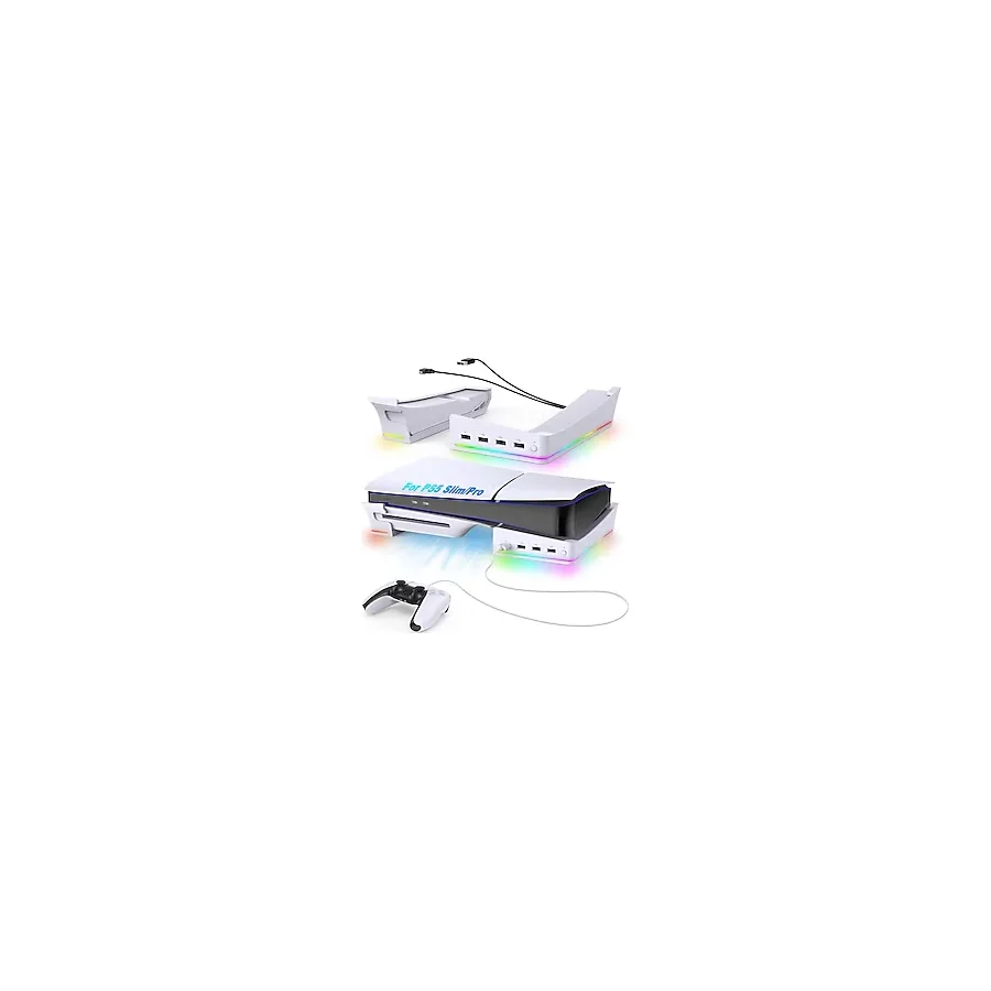 Auarte 2023 RGB Yatay Stand, PS5 İnce Konsol Aksesuarları, 14 Işık Modu ve 4 USB Hub, Playstation 5 Slim Disk ve Dijital için Yan Stand, Hızlı Kontrol Cihazı Şarjlı Taban Tutucu, Beyaz