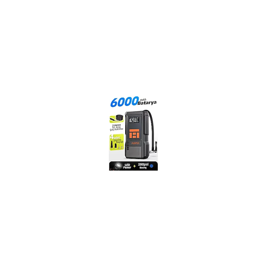 Auhma A9922 Taşınabilir Şarjlı Hava Pompası 150 PSI 6000 mAh LED Fenerli Araç Lastik Şişirme Kompresörü
