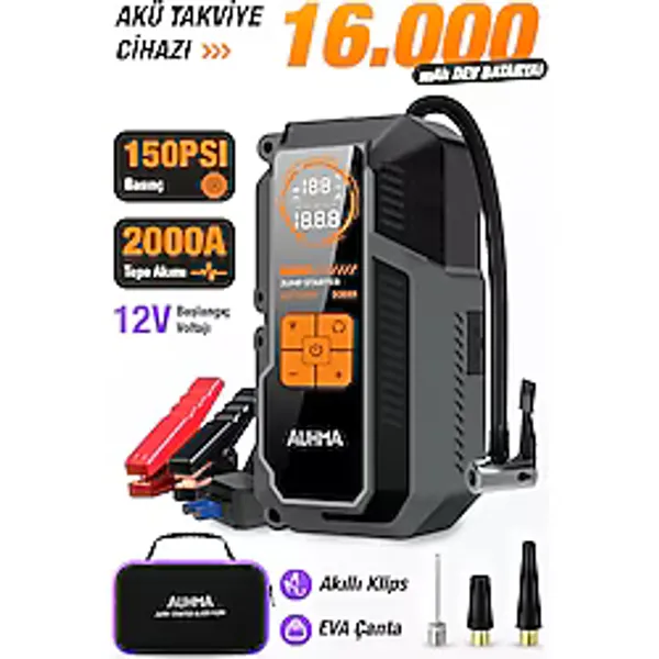 Auhma A9944 Araç Takviye Cihazı & Hava Kompresörü 16000mAh Powerbankli 150 PSI Akıllı Akü Booster Ta