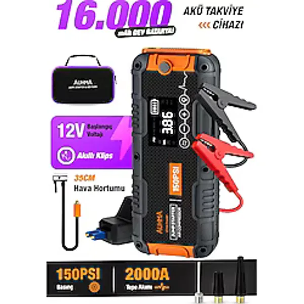 auhma A9955 16000mAh Araç Akü Takviye Cihazı ve Hava Kompresörü - 150 PSI Dijital Şarjlı Oto Lastik