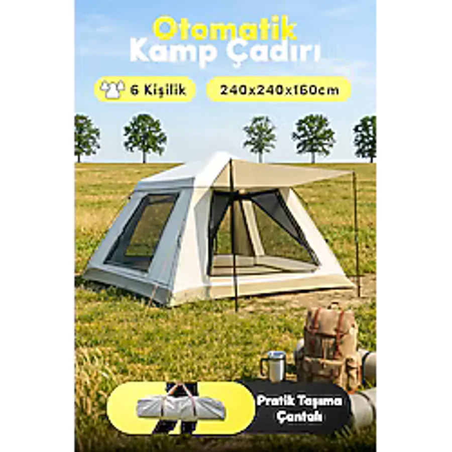 AUHMA AC6637 Otomatik Kamp Çadırı 6 Kişilik Yeşil - 1000mm Su Geçirmez, Oxford Kumaş, Güneş Barınaklı, Taşıma Çantalı Outdoor Çadır