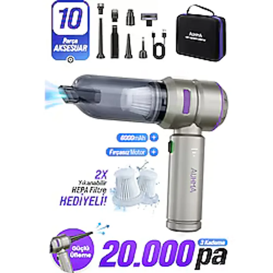 auhma AHV-02 Kablosuz Araç İçi Süpürge Mor 20000PA Güçlü Vakum Fırçasız Motor Üfleme & Vakum Ö