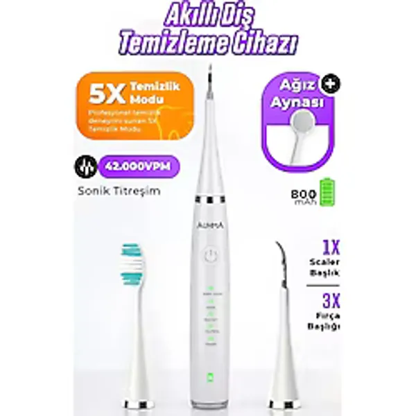 Auhma Amf14 Ultrasonik Diş Temizleme Cihazı Beyaz 42.000 Titreşim/dk 5 Mod Ipx8 Su Geçirmez