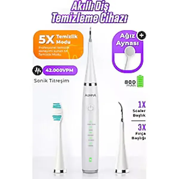 Auhma AMF14 Ultrasonik Diş Temizleme Cihazı Beyaz 42.000 Titreşim/dk 5 Mod Ipx8 Su Geçirmez Type-C Şarj Diş Taşı Temizleyici & Plak Temizleme Seti - 010 - Beyaz