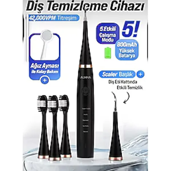 AUHMA AMF14 Ultrasonik Diş Temizleme Cihazı Siyah 42.000 Titreşim/Dk 5 Mod IPX8 Su Geçirmez