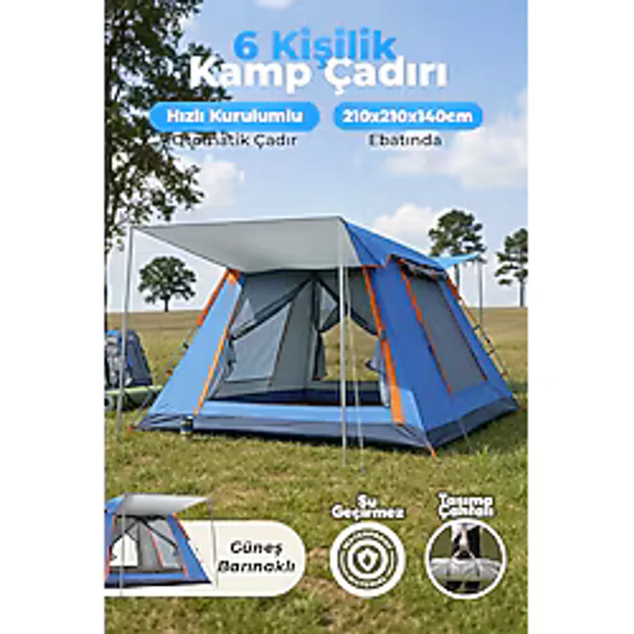 Auhma Outdoor AC6636 6 Kişilik Otomatik Kamp Çadırı Mavi 210X210X140 cm Su Geçirmez Oxford Kumaş Güneşlikli Hızlı Kurulum Kamp Çadırı