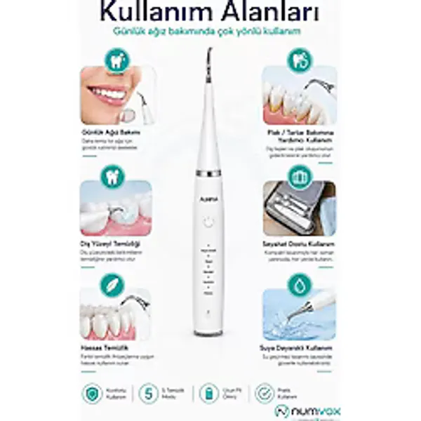 Auhma Ultrasonik Diş Temizleme Cihazı Siyah 42.000 Titreşim/dk 5 Mod Ipx8 Su Geçirmez Type-C Şarj Diş Taşınabilir - Beyaz