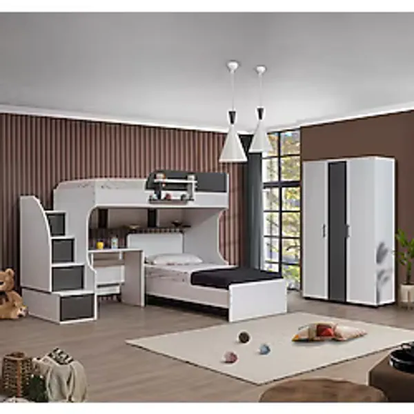 Aura Genç/çocuk Odası Takımı - Aura Ranza Karyola Masa 3 Kapaklı Dolap - 90 x 200 cm - Antrasit - Beyaz