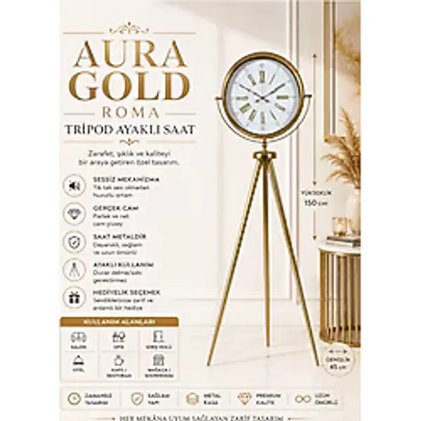 Aura Gold Tripod Ayaklı Dekoratif Saat