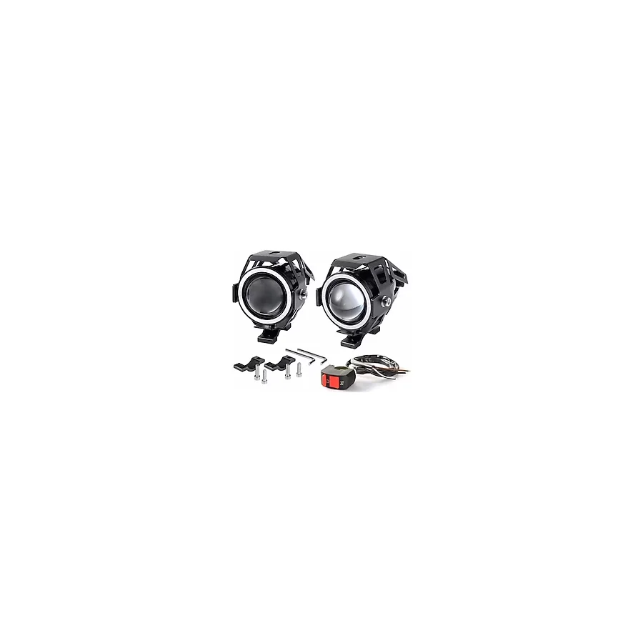 Autoline U7 Motosiklet Sis Farı Mercekli Büyük Kafesli Sarı Angel Işıklı Led (2 Adet Led + 1 Anahtar)