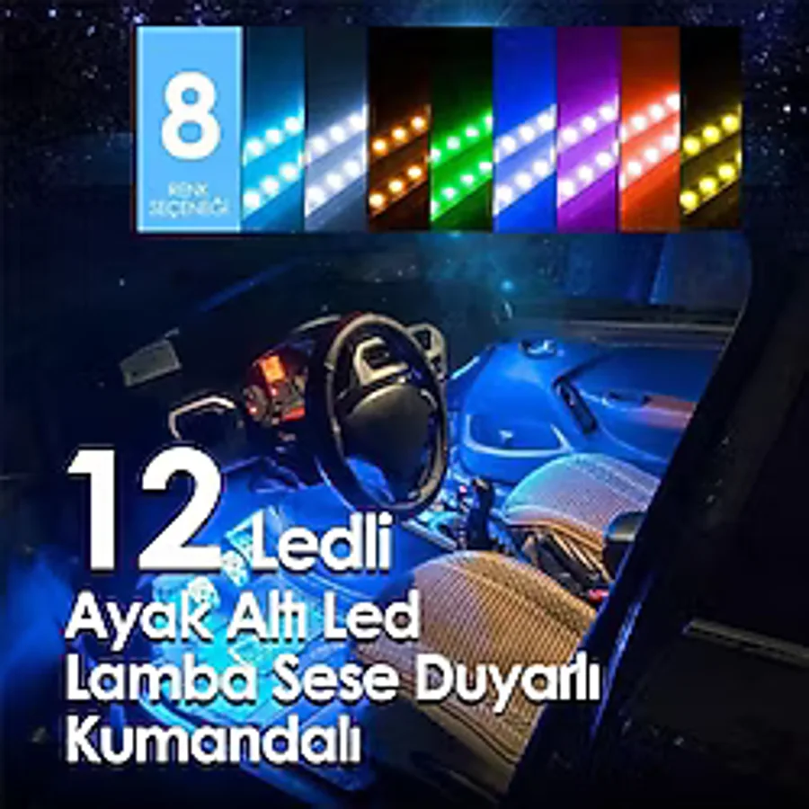 Autowise 12 Led'li Sese Ve Müziğe Duyarlı Araç Içi Ayak Altı Led Aydınlatma Kumandalı