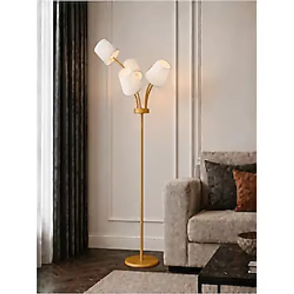 avizade FLORİNA Eskitme Metal Premium Tasarım 5 Başlıklı Kumaş Şapkalı Ayaklı Lambader Krem Başlıklı Modern Dekoratif Zemin Lambası Salon Oturma Odası Yatak Odası Köşe Aydınlatma E27 Duy Uyumlu