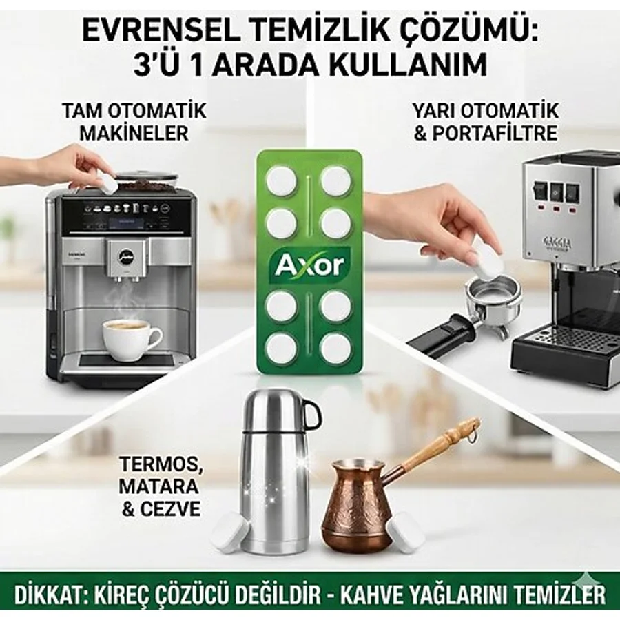 AXOR Termos ve Cezve Temizleme Tableti 8'li - İnatçı Kahve Lekesi ve Koku Giderici (Çelik Dostu)