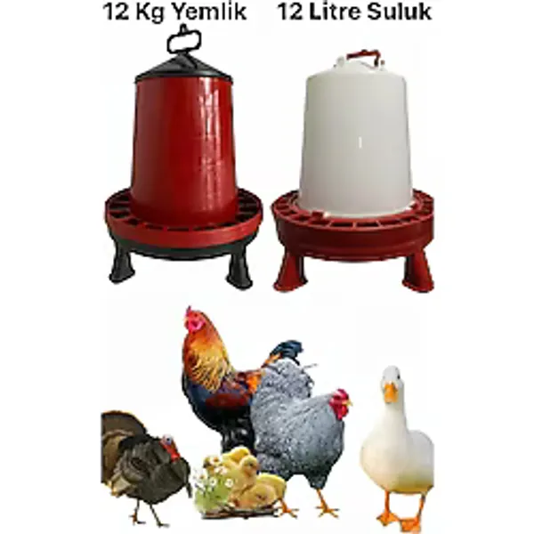Ayaklı Yemlik Ve Suluk 2li Set 12 Kg Tavuk Yemliği Hindi Kanatlı Kümes Hayvanı Yemlikleri