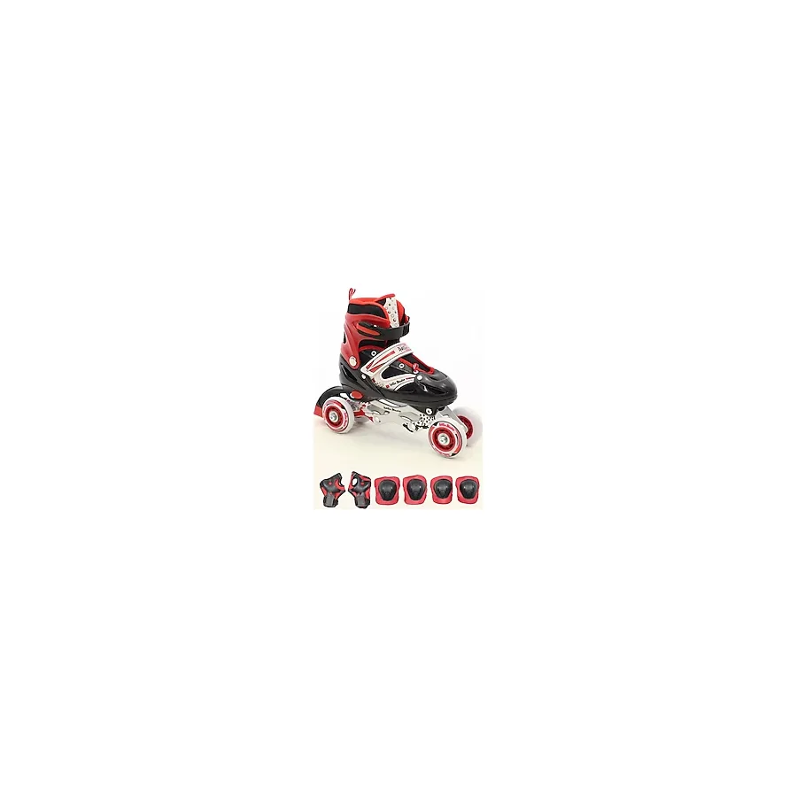 Ayarlanabilir 2+2 Işıklı Metal Alıştırma Pateni Dizlik Dirseklik Setli Taşıma Çantalı - Kırmızı - 30-33