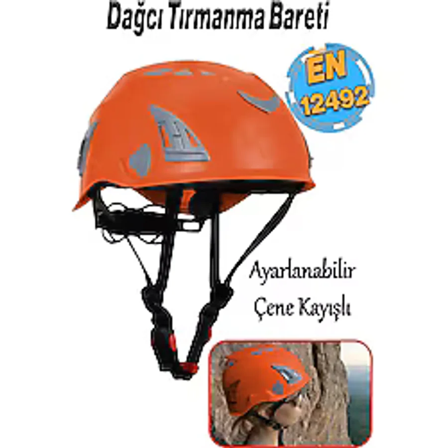 Ayarlanabilir 51-62 cm Dağcı Tırmanma Bareti Turuncu Renk Baş Koruyucu Kask CE En12492 Sertifikalı.