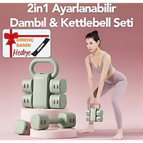 Ayarlanabilir Modüler Kettlebell ve Dambıl Seti 5 kg Ev Fitness ve Güç Antrenman Direnç Bandı Hediye (Yeşil)